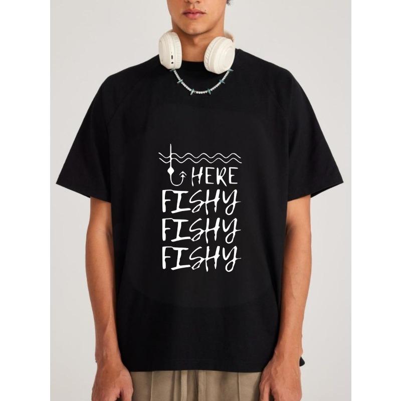 Crew Neck T Shirt White Here Fishy Fishy Fishy Fishing Hook and Waves Graphic Print Casual Summer Wear