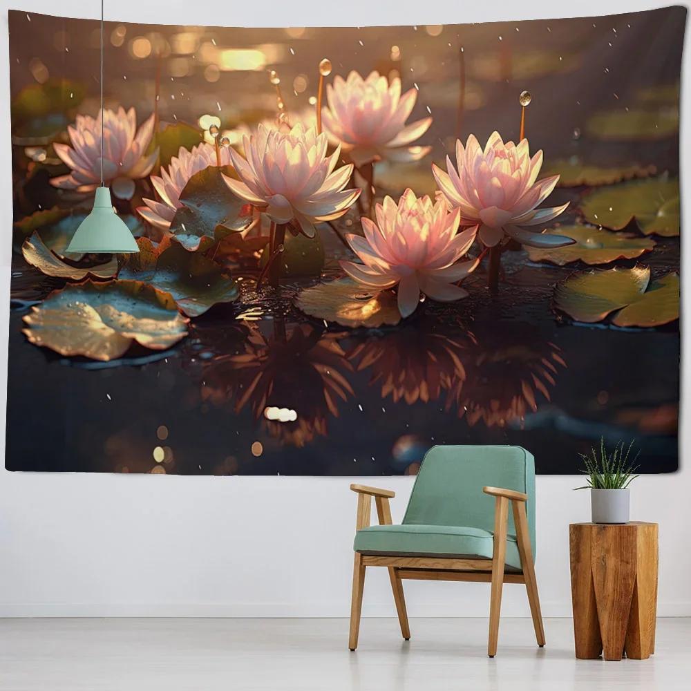 Beautiful Lotus tapestry landscape wall hanging cloth dreamy hippie home wall decoration poster office and living room tapestry