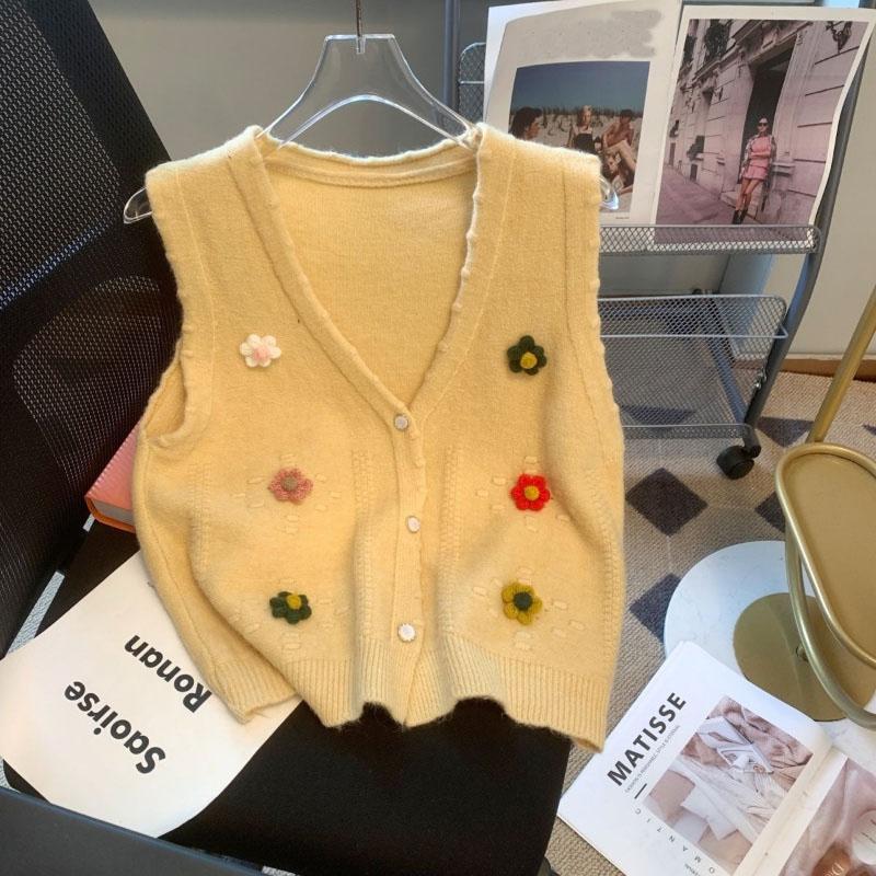 Roztomilá květinová pletená kardiganová vesta korejská edice elegantní svetr vesta volná zmenšující malý kabátek bez rukávů top jarní kardiganová vesta