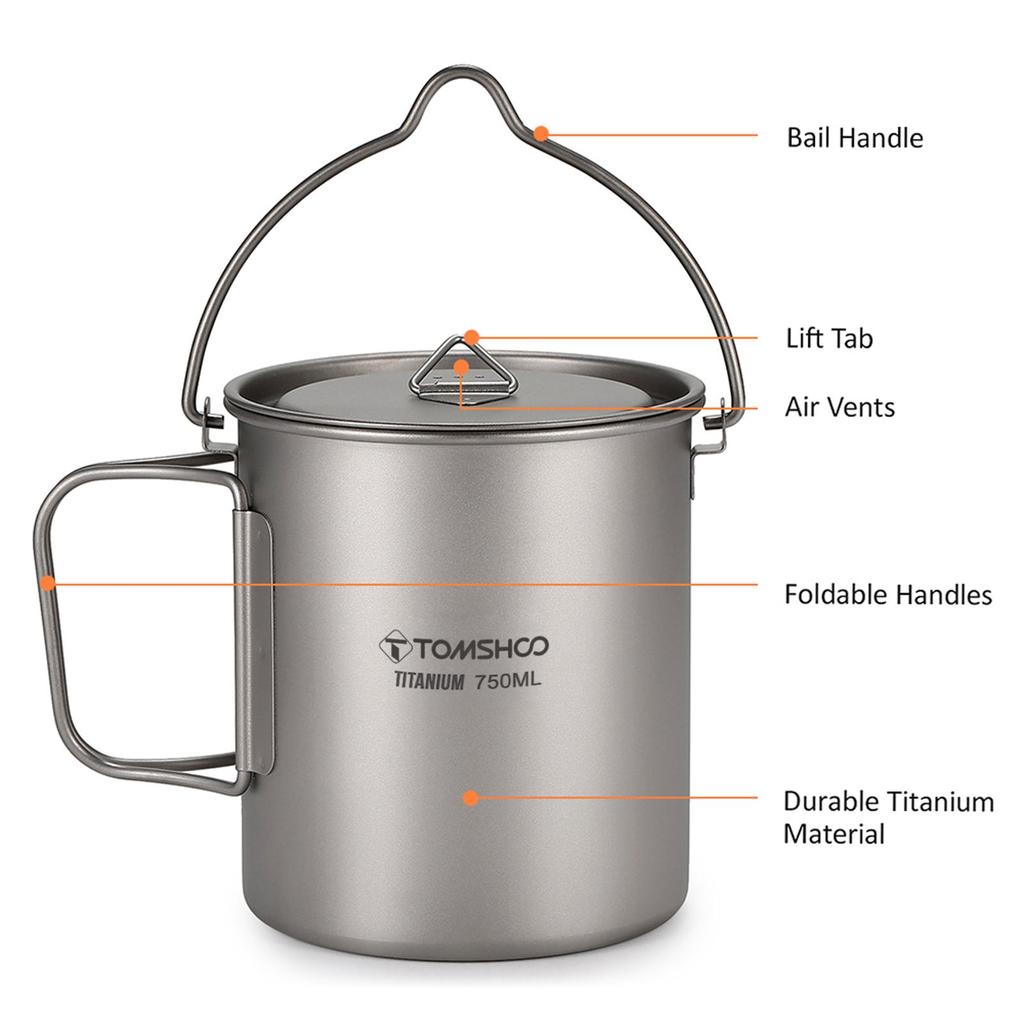 TOMSHOO Ultralight 750ml Titanium Pot Portable Titanium Water Mug Cup with Lid and Foldable Handle Outdoor Camping Cooking Picnic