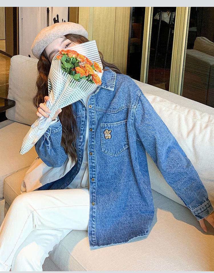 Women's Korean Style Bear Embroidery Soft Denim Shirt Jacket - Thick Material, New Design