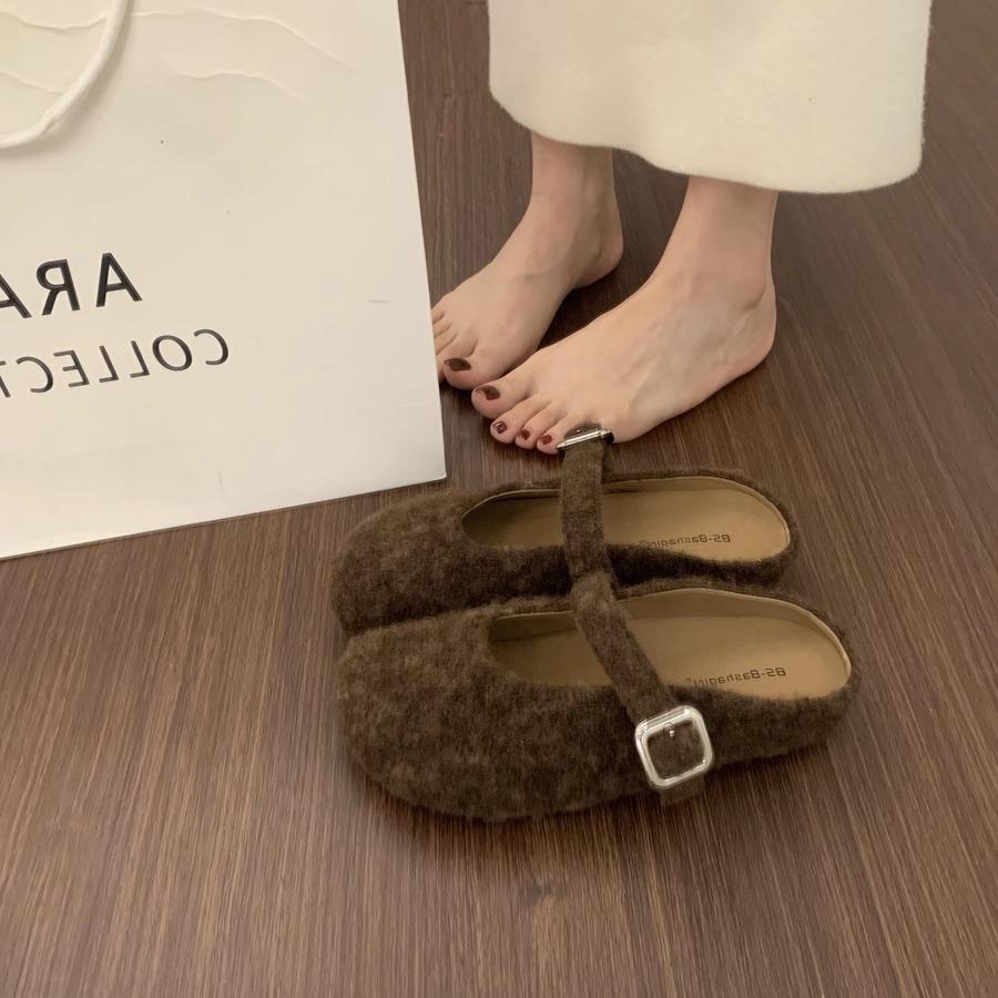 Retro Evening Wind One-word Buckle with Mary Jane Baotou Half Slippers Women's Outdoor Casual Thick-soled Felt Birkenstocks Shoes