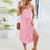 Women's Fashionable Summer Vacation Color Round Neck Sleeveless Suspender Hem Slit Dress
