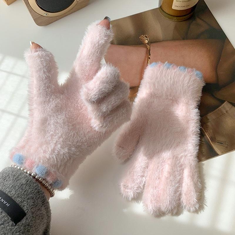 Cute Open Finger Touch Screen Plush Five Finger Gloves For Women In Winter, Warm And Thick Velvet For Cycling Students