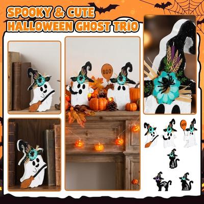 3pc Halloween Ghost Figurines Set with Witch Hats and Accessories Indoor Outdoor Seasonal Decoration