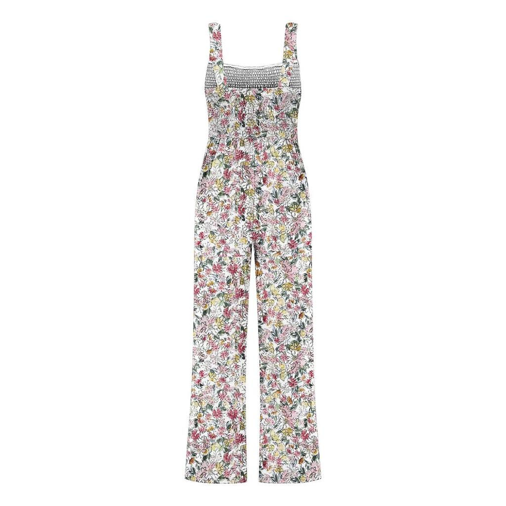 Jumpsuit mit weitem Bein und Hosenträgern, plissierten Schultergurten, bedruckter Tasche und Hosenträgern für Damen