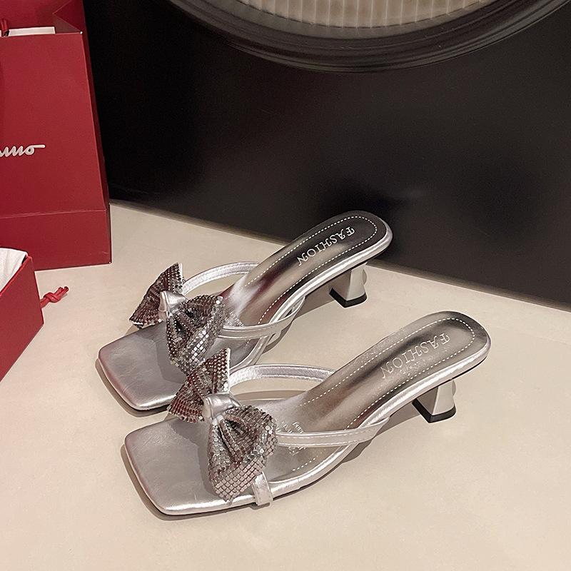 Versatile fashion square head high-heeled outer slippers women's summer 2025 new thick-heeled bow open-toed cool slippers