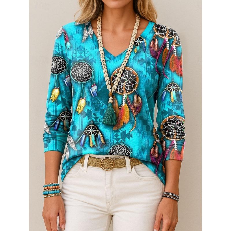 

Женская футболка Этнический графический принт Перо Элегантные модные футболки Футболки с длинным рукавом V-образный вырез Обычные топы Пуловер Осень Зима S