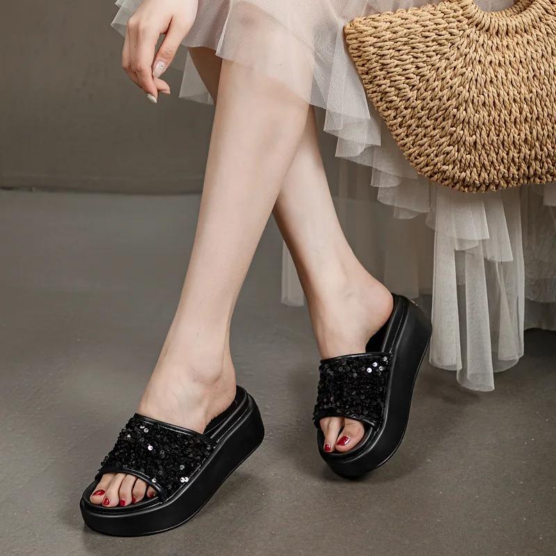 

Fashion 7CM Microfiber Leather Chunky Sneaker Fashion Summer Peep Toe Hollow Pumps Hook Flats Shoes Bling High Brand Comfy Sandals Women 34 чёрный