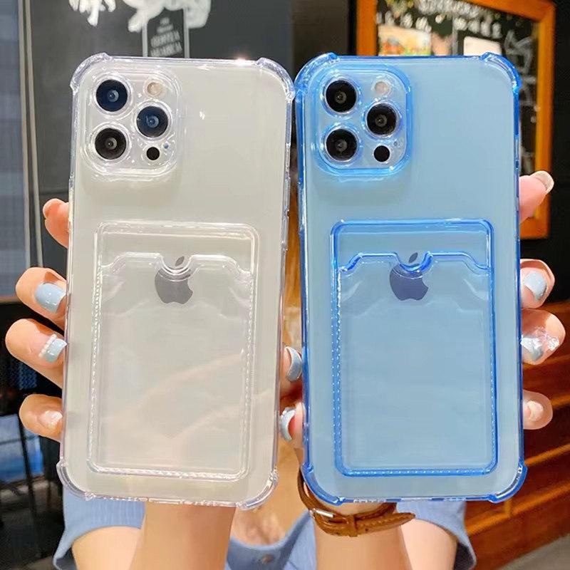 Durable Card Slot Transparent Phone Case For iPhone 12 11 13 14 15 16 Pro XR XS Max 7 8 Plus Mini Wallet Shockproof Back Cover