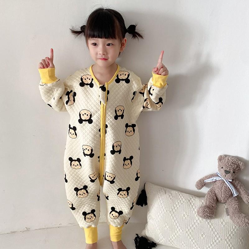 Kids Cotton Sleepsuit With Leg Separation Warm Winter Pajamas Anti-Bacterial Unisex Toddler Sleepwear