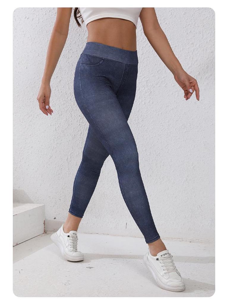 European-Style Faux Denim Yoga Pants: Slimming, High-Waist, Tummy Control, Leg-Lifting, Hip-Enhancing with Pockets.