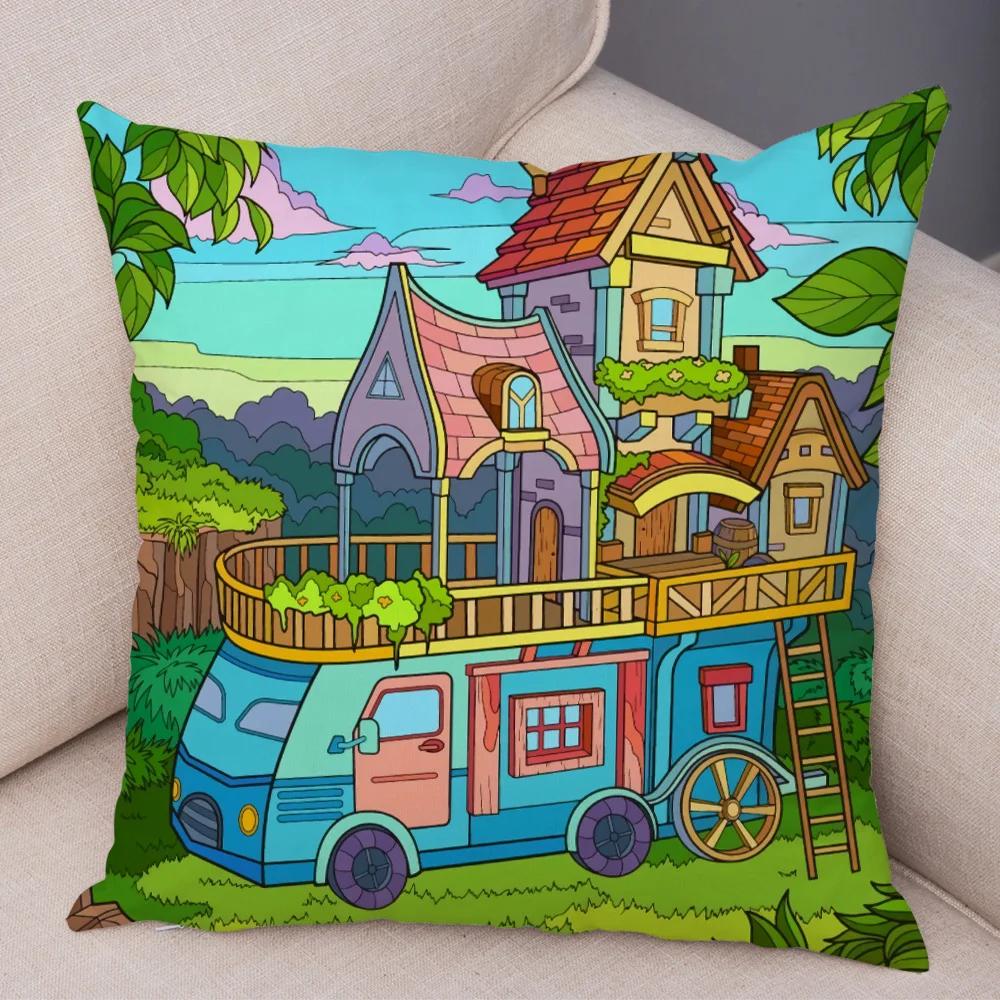 Both Sides Pillow Case Decor Happy Camper Cartoon House Travel Car Cushion Cover for Sofa Home Super Soft Plush Pillowcase