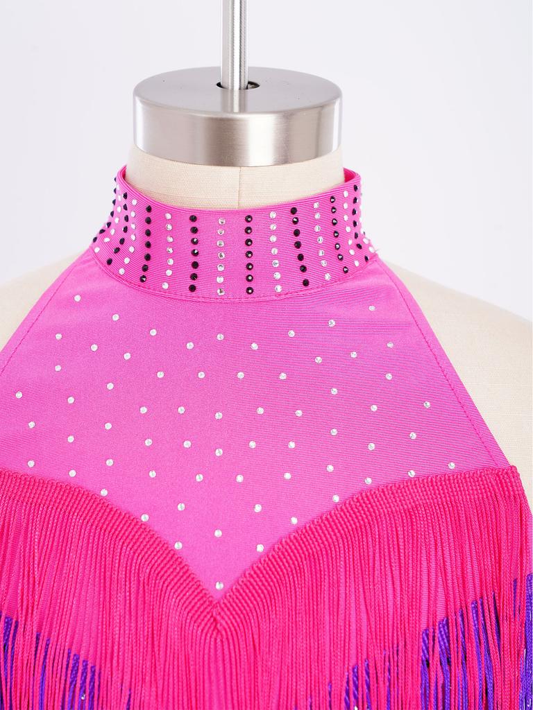 Eye-Catching Latin Dance Top with Skirt for Girls: Halter Neck Rhinestone Tassel Crop Top & Attached Briefs Skirt for Recital