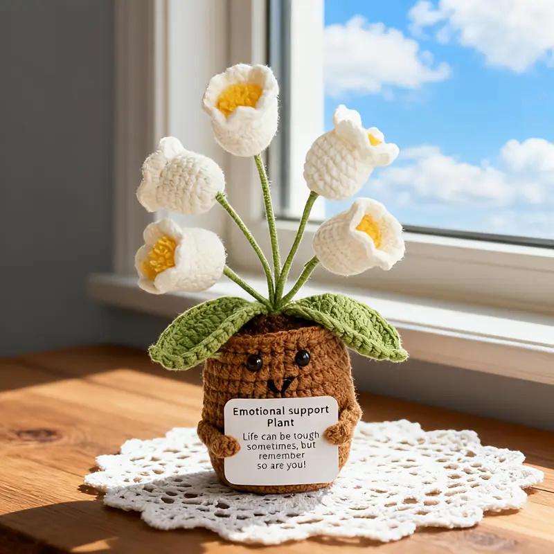 Handmade Crochet Sunflower Emotional Support Plant Desktop Ornament Adorable Potted Flower Decor with Inspirational Notes Gift