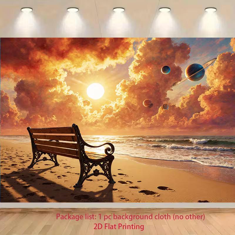 2D Beach Bench Sunset Backdrop Cosmic Planets Photography Background