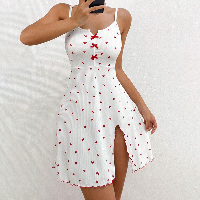 Trendy Heart Print Ribbed Split Suspender Nightgown Loungewear for Going Out
