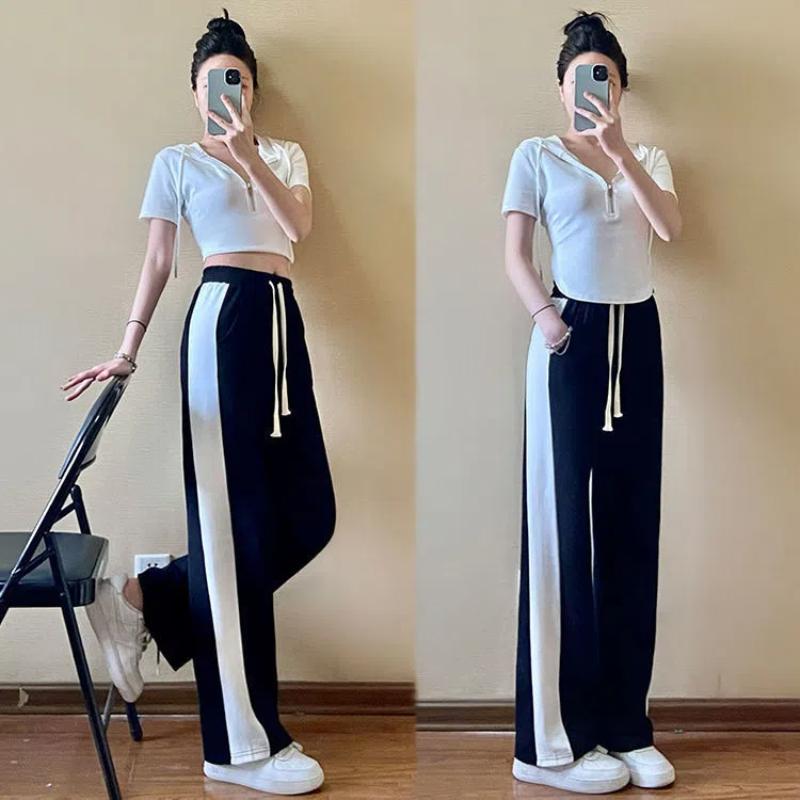 Summer New Women Drawstring Elastic High Waist Pocket Sports Loose Straight Pants
