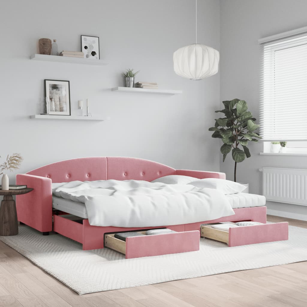 Pull out Daybed with Drawers Pink 90x200 cm Velvet