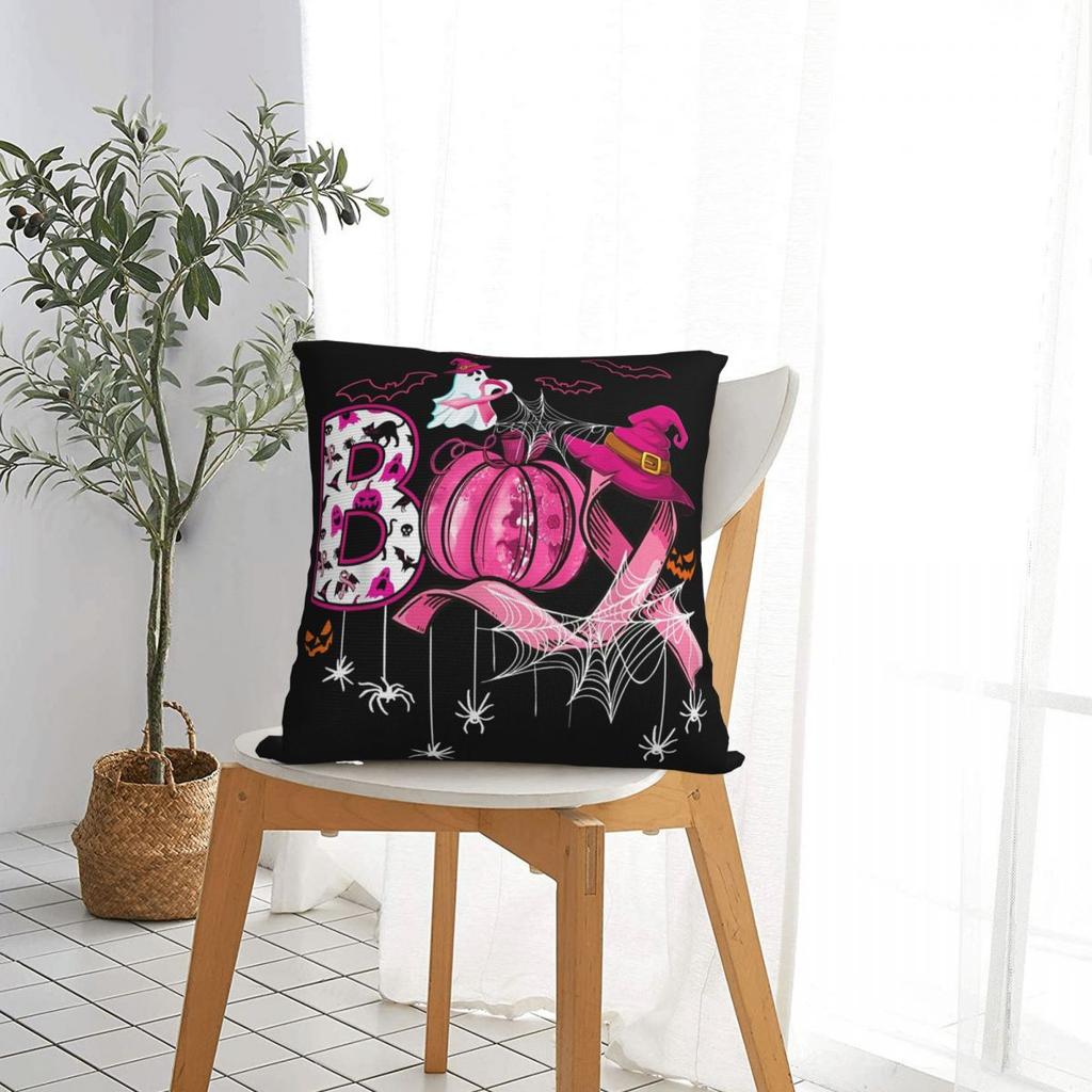 Boo Halloween Pumpkin Pink Ribbon Witch Breast Cancer Pillowcase Cushion Cover Decorations Throw Pillow Case Cover Sofa