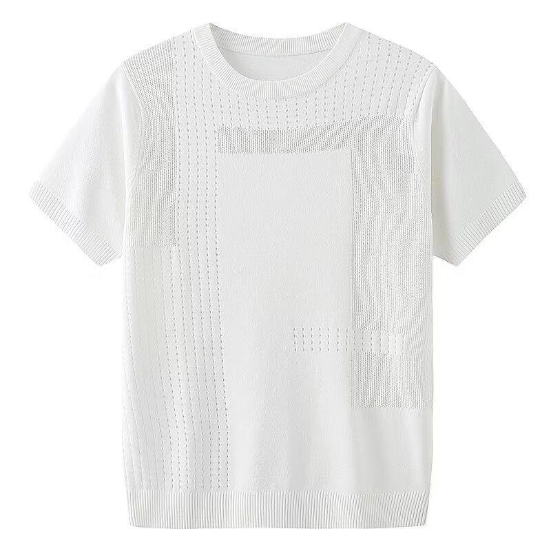 Letni okrągły dekolt lodowy jedwab ażurowy dzianinowy z krótkim rękawem bazowy cienki męski modny z półrękawem T-shirt oddychający sweter