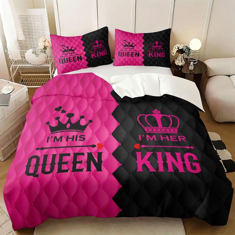 King and Queen Couple Duvet Cover Set(1 Duvet Cover & 1/2 Pillowcase) Soft Romantic Bedding Set for Lovers Bedroom Decor