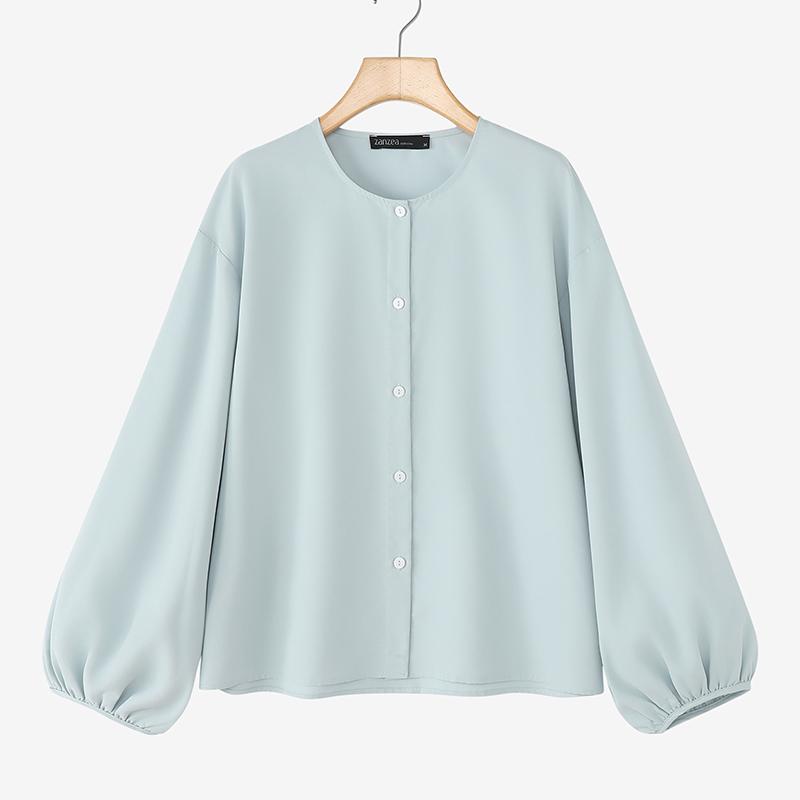 

ZANZEA Женская повседневная блузка с круглым вырезом, свободная, на пуговицах, с длинным рукавом 4XL синий