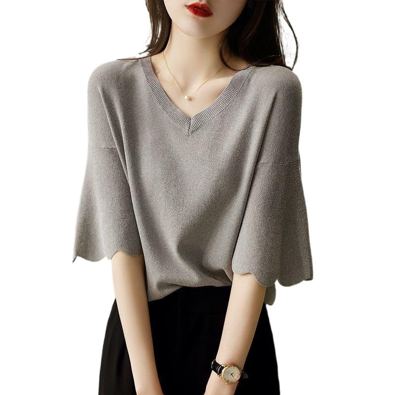 Ruffled Summer Knit for Short Large Loose Stylish [YOMORIO] Women, Knit, Sleeve, Size, Fit, T-Shirt, Knit, V-Neck, Plain, Thin, Breathable, Spring,