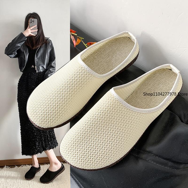 Mode Einfarbig Quadratische Zehenpartie Mesh Slipper Flache Damenschuhe Weiche Sohle Strick Ballerinas Schuhe Lässige Slipper Bootsschuhe