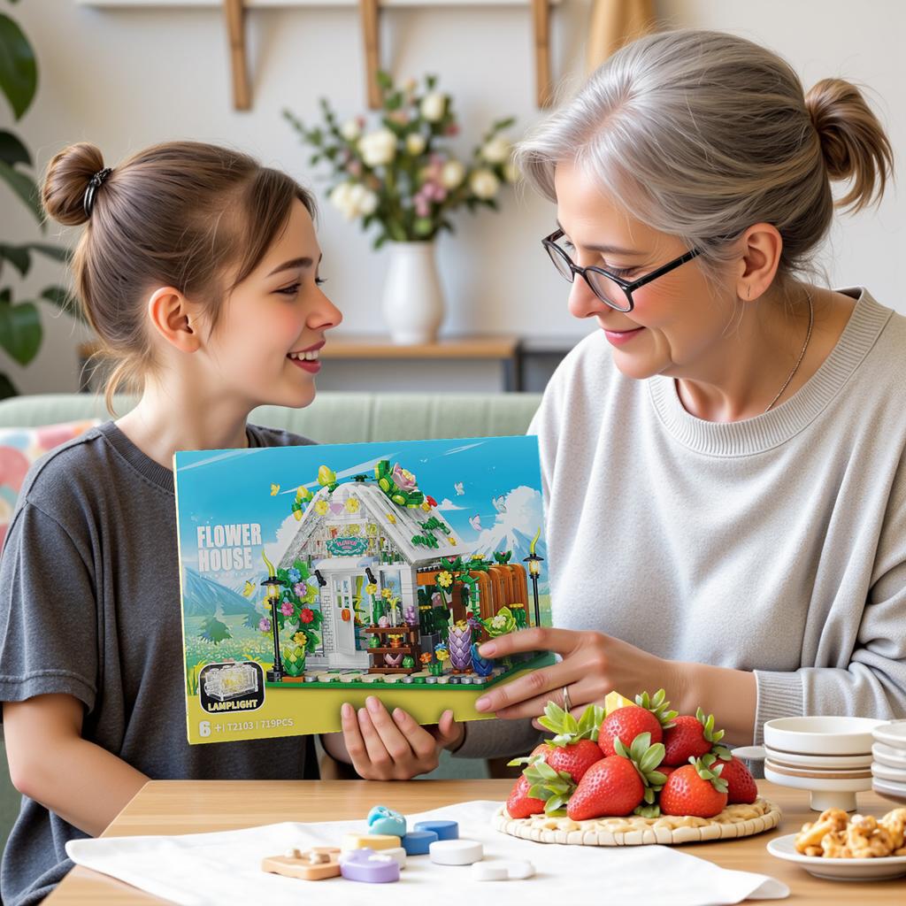 Ungiftiges 719-teiliges Blumenhaus Baustein Spielzeugset Stadt Straßenansicht Montagepuzzle Steine Modell mit LED-Licht Schreibtischdekoration Geschenke