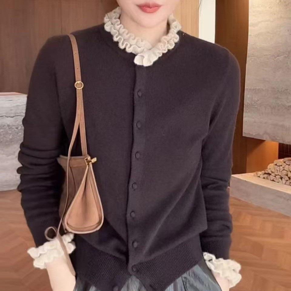 Chic Color Block Lace Round Neck Sweater Cardigan - Women's Slim Fit Top for 2025 Autumn/Winter.