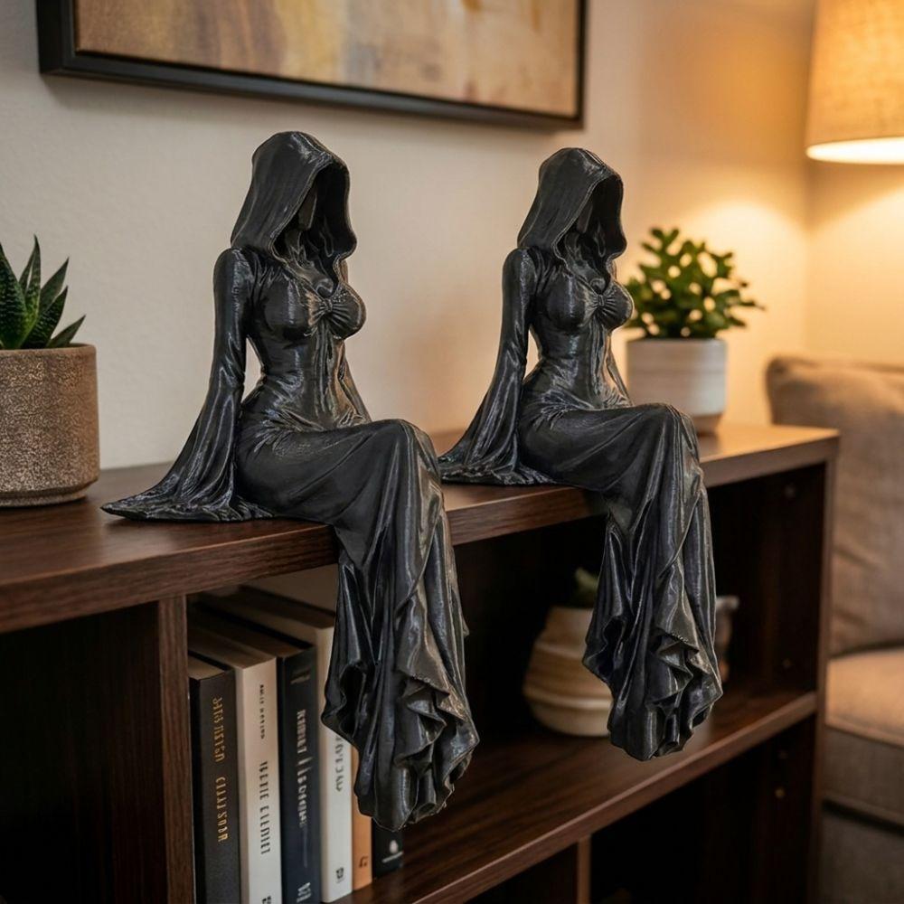 3D Printed Sitting Pose Lady Sculpture Gothic Style Hooded Woman Statue Home Decor