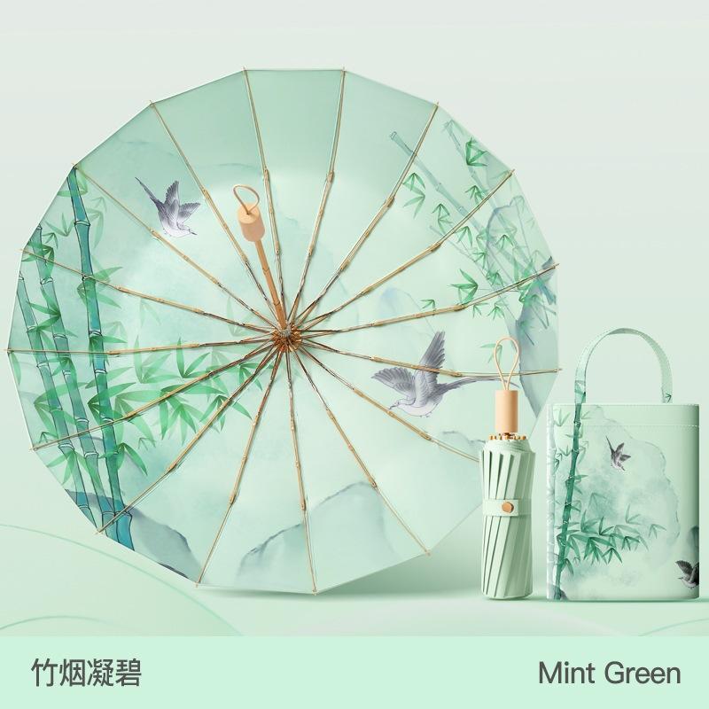 Spot three-fold retro color glue printed 16-bone parasol female weather and rain dual-purpose anti-ultraviolet folding sun umbrella