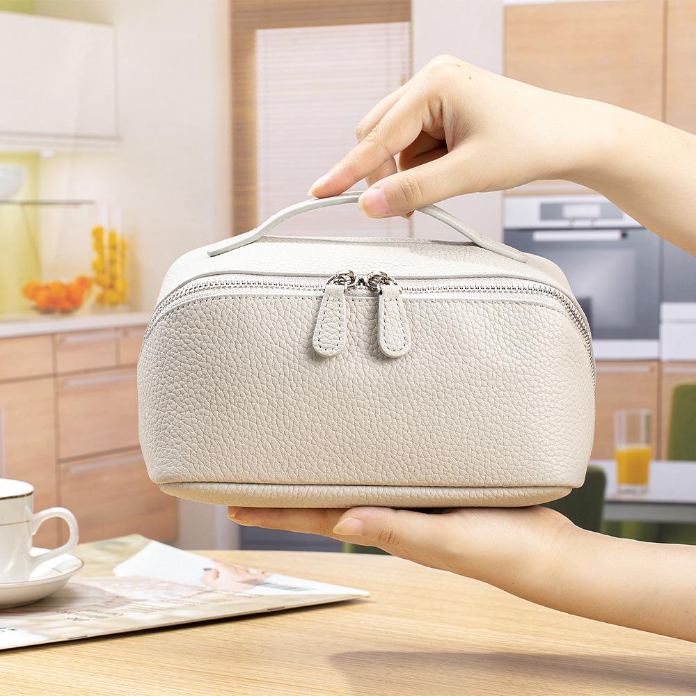 Leather Portable Makeup Bag, Large-capacity Simple Style Hand-held Toiletry Bag, Genuine Leather Travel Storage Bag