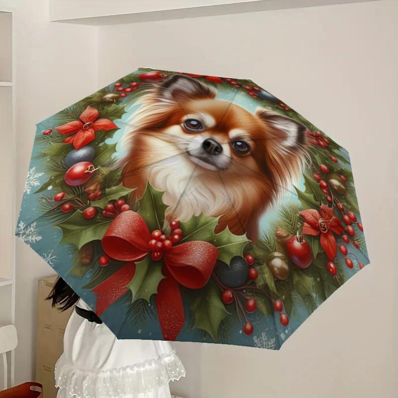 1pc Christmas Wreath with Papillon Dog Umbrella with Plastic Handle,Suitable for All Seasons Home Travel Outdoor UmbrellaDD245