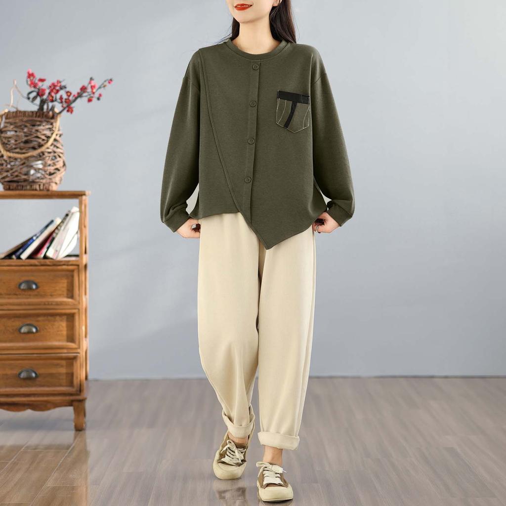 DIMANAF 2025 Podzimní Tričko Plus Size Dámské Dlouhý Rukáv O-Výstřih Volné Jednobarevné Topy Trička Bavlna