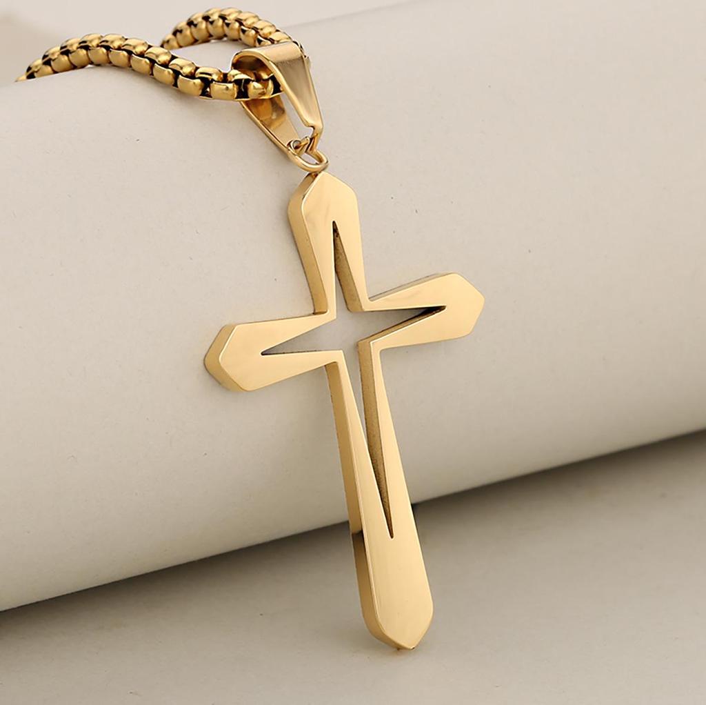 Unisex Stainless Steel Hollow Cross Pendant Necklace - European & American Style