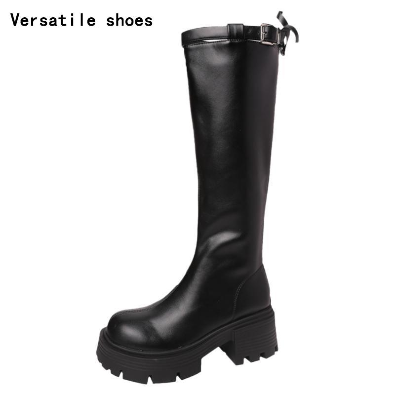 Vintage Winter Belt Buckle Women Knee High Boots Fashion Platform Long Booties Designer Thick Heels Botas De Mujer