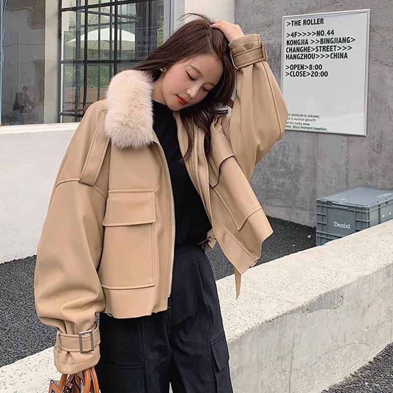 Zimní kožená parka s fleecovou podšívkou pro ženy Korejská volná krátká bunda Teplý svrchní oděv
