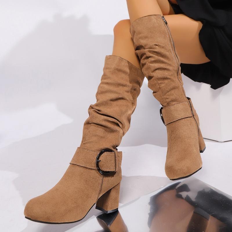 Autumn and winter new long boots for women, but mid-knee boots, suede high-heeled belt buckle for women's boots