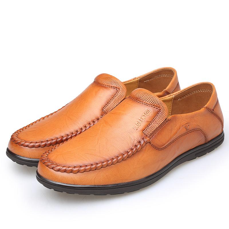 

2025 new leather shoes cowhide business casual shoes men s round head first layer soft leather flat bottom dad shoes 38 жёлтый