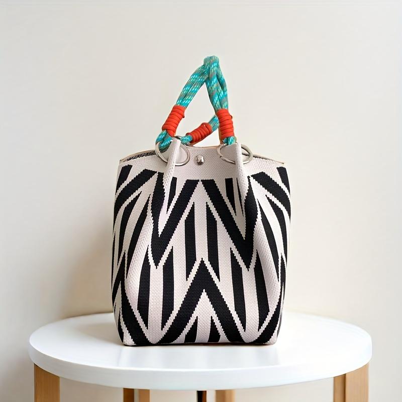 Women's Leopard Print Knit Handbag with Magnetic Closure & Rope Handle - Foldable Large Capacity Casual Chic Tote for Everyday, Durable Polyester