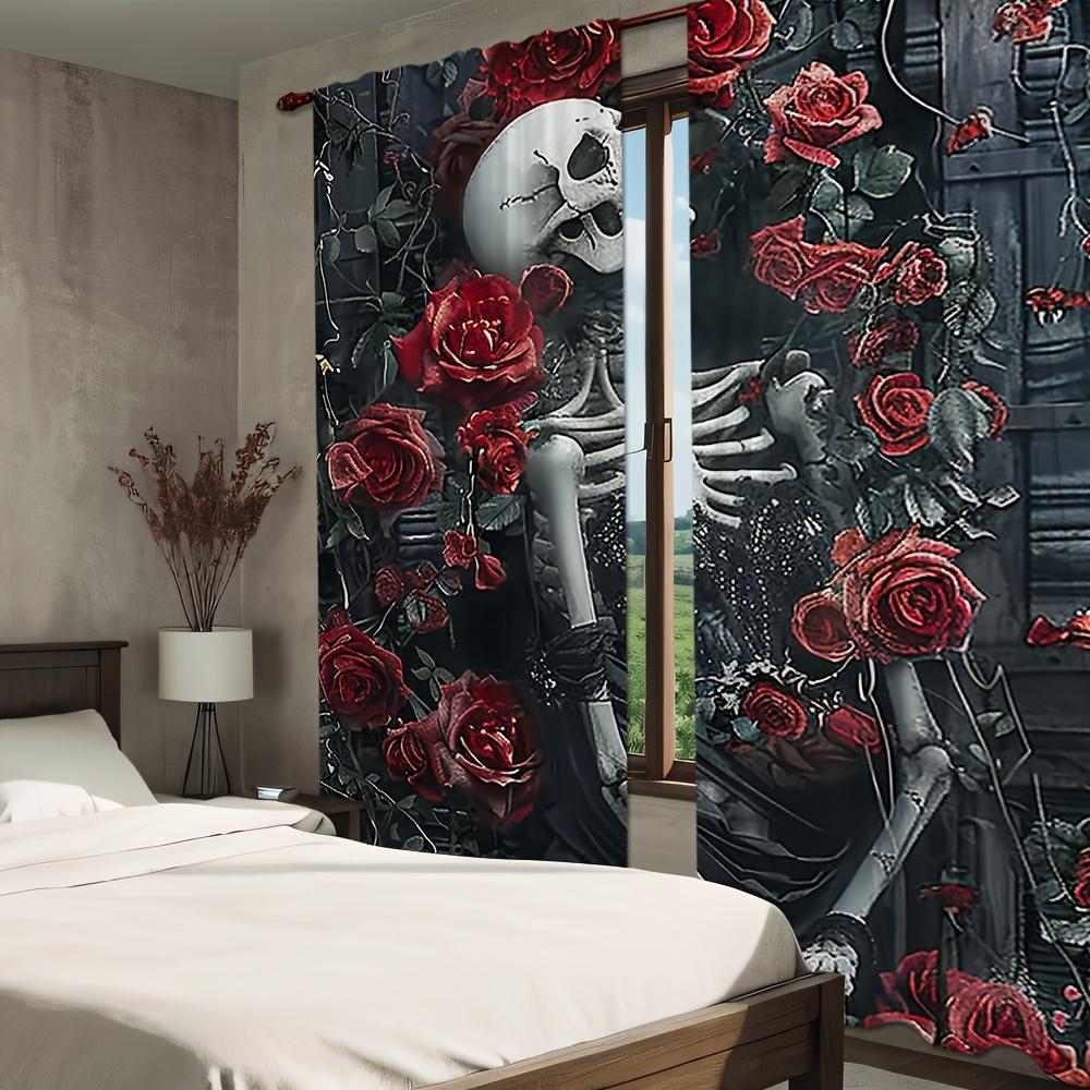 Skull and Red Rose Semi-Blackout Curtain Panels Contemporary Gothic Style 2-Piece 100% Polyester Drapes for Bedroom Window