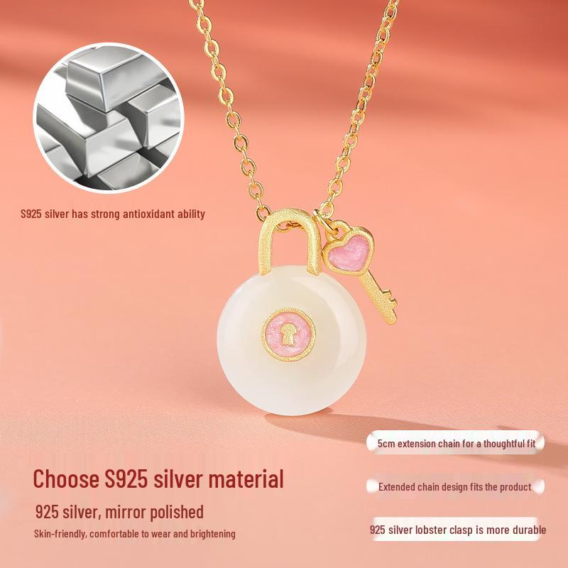 Elegant Hetian Jade Heart Necklace with S925 Silver Key Chain