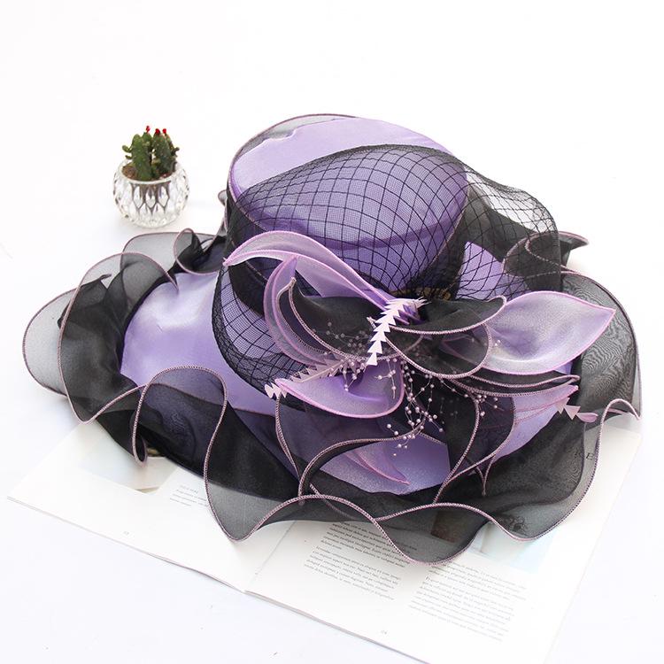2024 New Organza Big Brim Top Hat Women'S Spring And Summer Sunscreen Sun Hat European And American Fashion Flower Sun Hat Wholesale