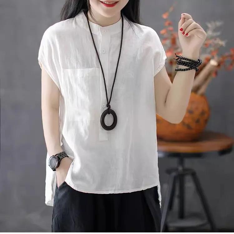 

Женская летняя однотонная рубашка из хлопка и льна с короткими рукавами в литературном стиле с воротником-стойкой, простые свободные топы XS