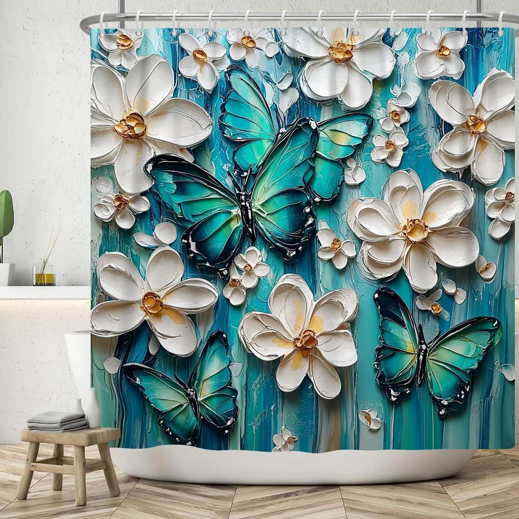 Schmetterling Duschvorhang Grün Blau Ölgemälde Weiß Boho Blumen Badezimmervorhänge Rustikales Bauernhaus Floral Waschbare Dusche