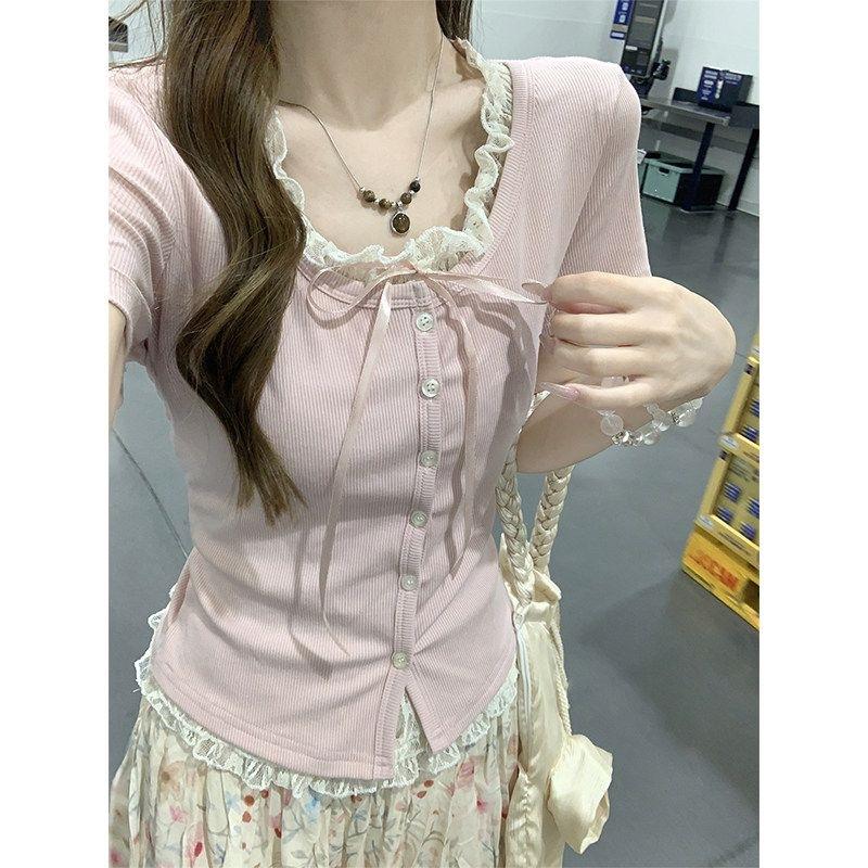 Korean version of pure lace lace splicing fake two-piece T-shirt summer new design short-sleeved top women