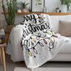 Handwritten Merry Christmas Fleece Blanket, Colorful Bulb and Star Pattern, Cozy White Throw for Holiday Couch Decor