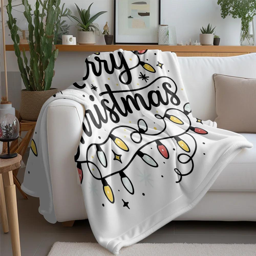 Handwritten Merry Christmas Fleece Blanket, Colorful Bulb and Star Pattern, Cozy White Throw for Holiday Couch Decor